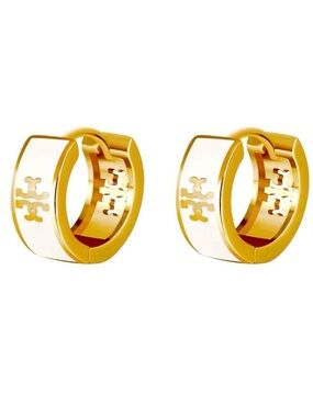 TORY BURCH GOLD & WHITE LOGO HUGGIE HOOP EARRINGS